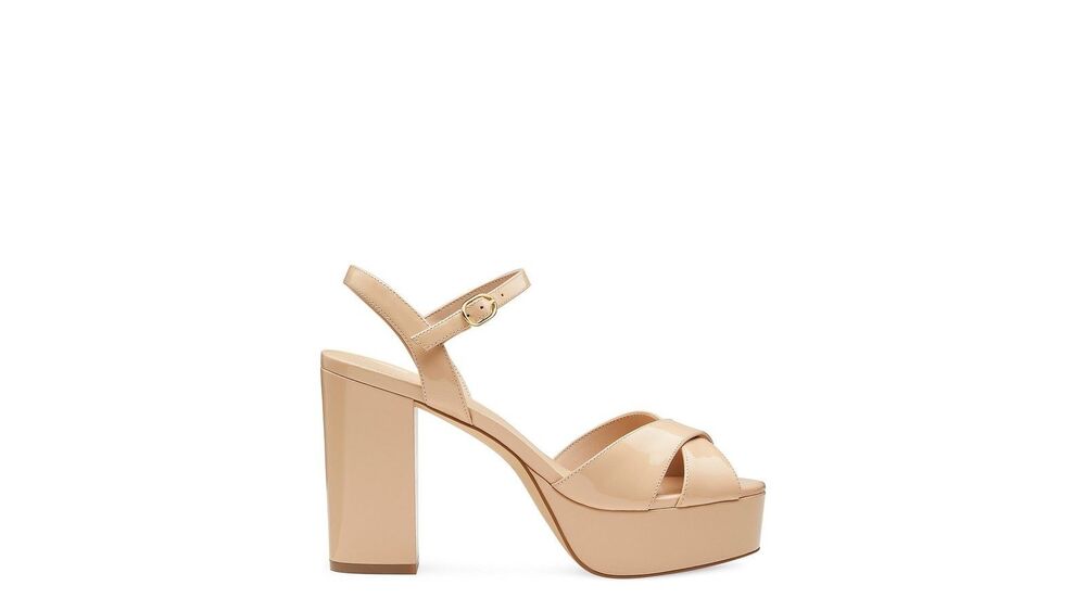 Stuart Weitzman Avino Platform Sandals Golden Beige Leather Size 11B NWT In Box